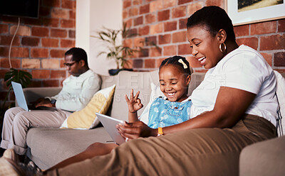 Buy stock photo Ok, learning and a mother with a tablet and a child for a cartoon, movies or games on the sofa. Smile, perfect and an African family, mom or girl kid with technology for social media in a house