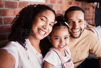 Buy stock photo Selfie of mom, dad and child on sofa with love, bonding and relax in living room in apartment. Portrait of father, mother and daughter on couch in home with smile, happy man and woman with girl kid.
