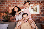 Portrait of happy family in home, parents and kid on sofa with piggy back, bonding and relax in lounge. Mom, dad and girl child on couch in apartment with playful man, woman and daughter together.