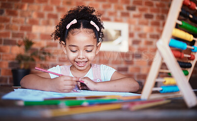 Buy stock photo Homework, writing and child at home with smile, learning and happy for project. Young girl, problem solving and knowledge development at a house with student education and notes at table for school
