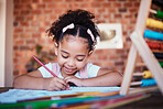 Homework, writing and child drawing at home with study, learning and smile for project. Young girl, problem solving and youth development at house with student education and notes at table for school