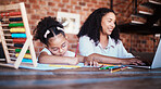 Homework, writing and child in home with mom, learning and ideas for project. Young girl, problem solving and mother working at a house with student education and drawing notes at table for school