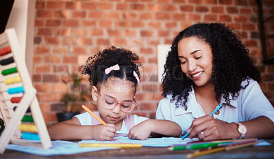 Buy stock photo Smile, mother and girl with homework, help and conversation with education, growth and learning advice. Family, parent or female kid writing in a lounge, notebook and knowledge with child development