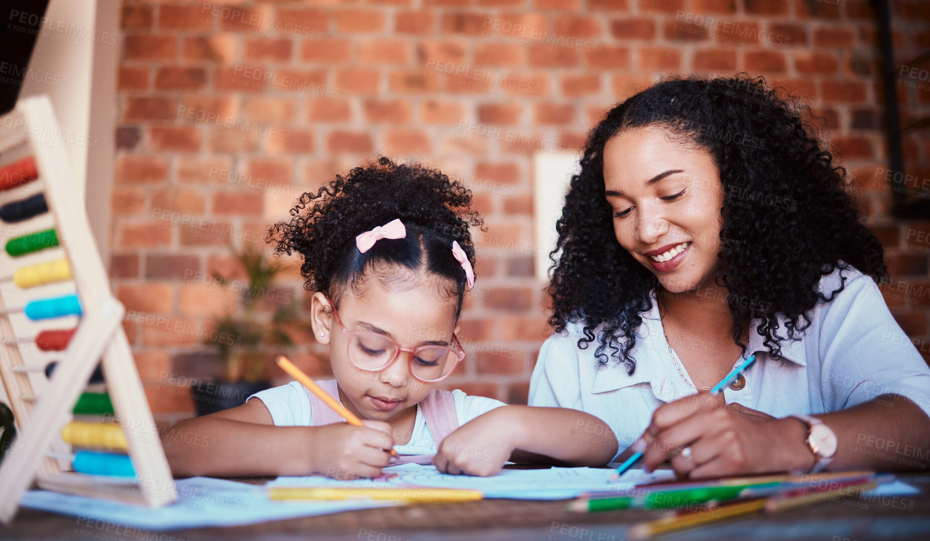 Buy stock photo Smile, mother and girl with homework, help and conversation with education, growth and learning advice. Family, parent or female kid writing in a lounge, notebook and knowledge with child development