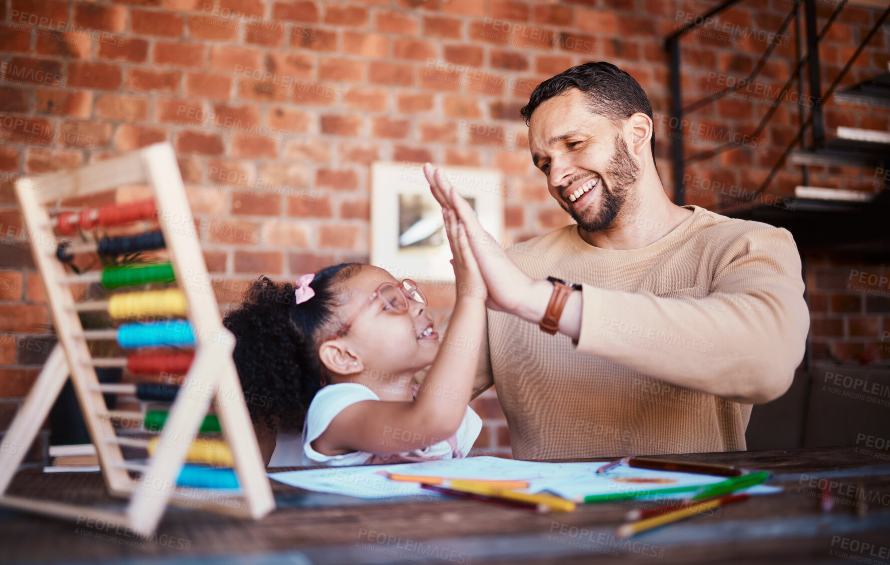 Buy stock photo Homework high five, happy and father with child for success in math, counting or a project. Home, celebration and dad, girl kid or family with hand gesture for support on education or learning goal