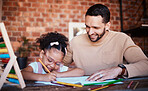 Happy, father and girl with homework, help and conversation with education, advice and learning. Family, male parent or female child writing in a lounge, notebook and knowledge with support or growth