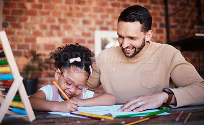 Buy stock photo Happy, father and girl with homework, help and conversation with education, advice and learning. Family, male parent or female child writing in a lounge, notebook and knowledge with support or growth