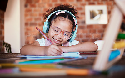 Buy stock photo Writing, headphones and child at home with music, learning and homework for school. Kid, studying and happy with radio and audio streaming in a house with listening and drawing for creative project