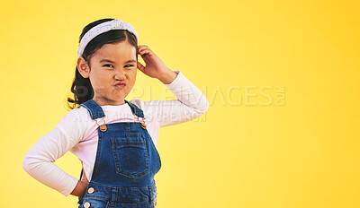 Buy stock photo Confused, doubt and portrait of kid thinking in studio isolated on a yellow background mockup space. Question, idea face and girl child trying to remember memory, solution or choice, decision or why