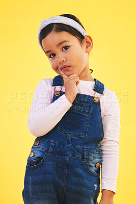 Buy stock photo Thinking, portrait and girl child in studio with choice, decision or ask sign on yellow background. Why, face and kid with questions, solution or planning, brainstorming or confused, doubt or idea