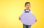Girl kid, thinking and speech bubble in studio with wow, news and mockup space by yellow background. Young female child, poster or sign for promotion, review and opinion with vote for social media