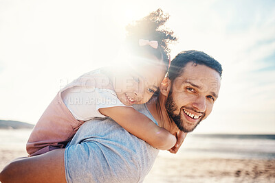 Buy stock photo Portrait, father and piggyback child at beach for summer holiday, family vacation and travel together in Colombia. Happy dad carrying young girl kid at ocean for love, care and support in sunshine