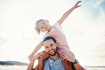 Buy stock photo Portrait, father and piggyback girl at beach on summer holiday, family vacation or travel together in Colombia. Happy dad, kid and playing airplane games at sea on mockup sky for freedom in sunshine