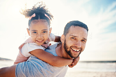 Buy stock photo Portrait, piggyback and father with girl at beach on summer holiday, family vacation or travel together in Colombia. Happy dad carrying young kid at sea for love, tropical freedom or care in sunshine