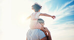 Kid on father shoulders, blue sky and family with travel, back view and freedom with fun together outdoor. People in nature, sunshine and adventure, man and girl bond with tropical holiday and beach