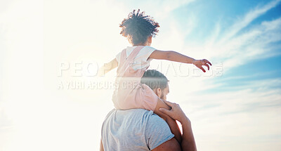 Buy stock photo Kid on father shoulders, blue sky and family with travel, back view and freedom with fun together outdoor. People in nature, sunshine and adventure, man and girl bond with tropical holiday and beach