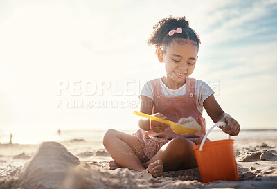 Buy stock photo Sun flare, beach and happy girl with sand, toys and vacation with happiness, playing and cheerful. Kid, shore and female child with fun, getaway trip and adventure with seaside holiday or development