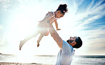 Father lifting child, air and beach with family, travel and freedom outdoor, happiness and ocean with girl and man. Happy people, sunshine and tropical vacation, kid flying with dad and adventure