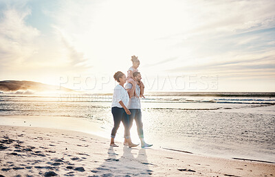 Buy stock photo Walking, sunset and family on the beach for vacation, adventure or holiday together for bonding. Travel, having fun and girl child with her mother and father on the sand by the ocean on weekend trip.