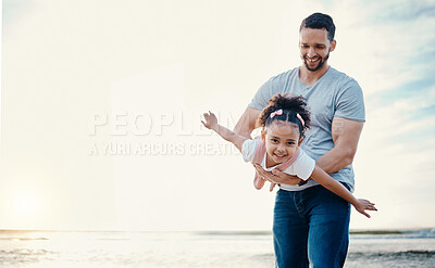 Buy stock photo Airplane, kid and father at beach with family, playing games love and travel, mockup space and fun outdoor. Happy people, freedom and adventure, man and girl flying with tropical holiday and bond