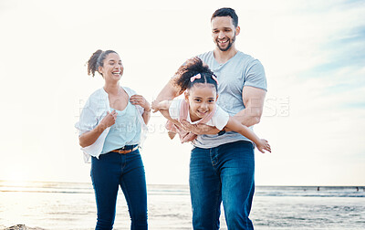 Buy stock photo Beach, father and child, airplane and mother with travel, happy family on holiday with energy and playing together. Ocean, adventure and freedom, parents and girl kid flying, happiness and bonding