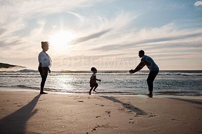 Buy stock photo Beach, sunset and family in nature with freedom, play or bond on travel, trip or vacation together. Ocean, games and excited girl child running to dad at sea happy, love or enjoy holiday with parents