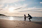 Child is running to father, beach and silhouette, family with games and love, travel and freedom together outdoor. People, sunset and adventure, man and girl bonding with tropical holiday and nature