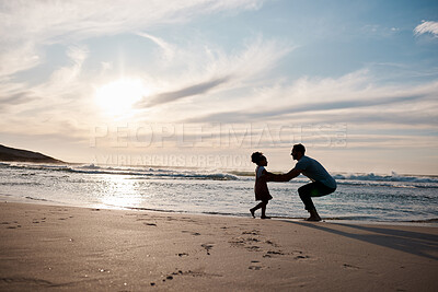 Buy stock photo Child is running to father, beach and silhouette, family with games and love, travel and freedom together outdoor. People, sunset and adventure, man and girl bonding with tropical holiday and nature