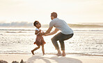 Beach, love and father with girl child in nature with freedom, playing and bonding on summer vacation. Ocean, games and kid running to parent at the sea for travel, fun and holiday in Mexico together