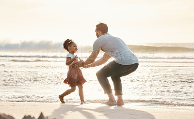 Buy stock photo Beach, love and father with girl child in nature with freedom, playing and bonding on summer vacation. Ocean, games and kid running to parent at the sea for travel, fun and holiday in Mexico together