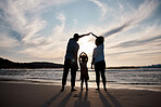 Beach, protection and safety, family and silhouette, parents and kid with back view, travel and solidarity with support. Trust, love and sunset, adventure in nature and people by ocean with insurance