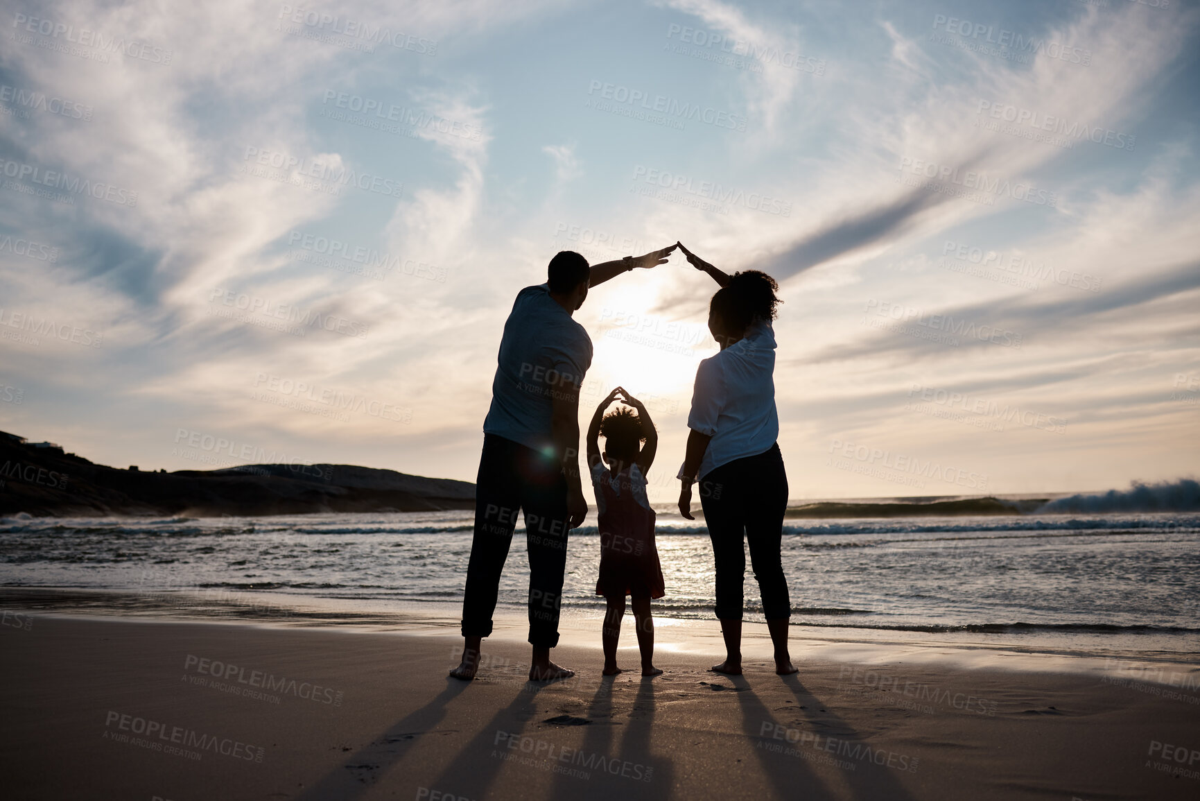 Buy stock photo Beach, protection and safety, family and silhouette, parents and kid with back view, travel and solidarity with support. Trust, love and sunset, adventure in nature and people by ocean with insurance