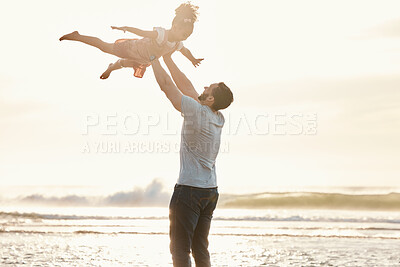 Buy stock photo Beach, fly and father with girl, sunset and vacation with quality time, bonding and getaway trip. Male parent, kid and female child with seaside holiday, airplane and playing with fun and adventure