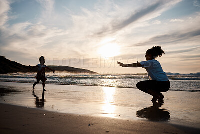 Buy stock photo Child is running to mother, beach and silhouette, family with games and love, travel and freedom together outdoor. People, sunset and adventure, woman and girl bonding on tropical holiday and nature