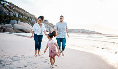 Buy stock photo Family, running and happiness on beach, travel with mother, father and kid outdoor, fun together with games and bonding. Travel, adventure and playful, parents and child with happy people and energy