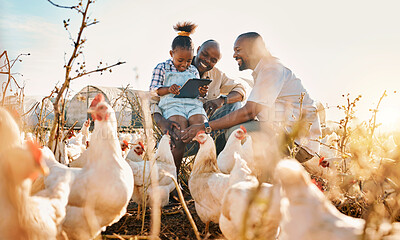 Buy stock photo Family, chicken farm support and gay parents in countryside with sustainability, agriculture help and kid. Hug, farming and child together with parent love and support with bird and animal livestock