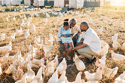 Buy stock photo Family, chicken farm and hug in countryside with sustainability, agriculture help and kid. Gay parents, farming and child together with parent love and support with bird and animal stock in field