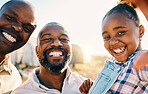 Farm, selfie and portrait of parents with girl in countryside for holiday, adventure and vacation. Black family, sustainable farming and lgbtq fathers with child for bonding, relax and fun in nature