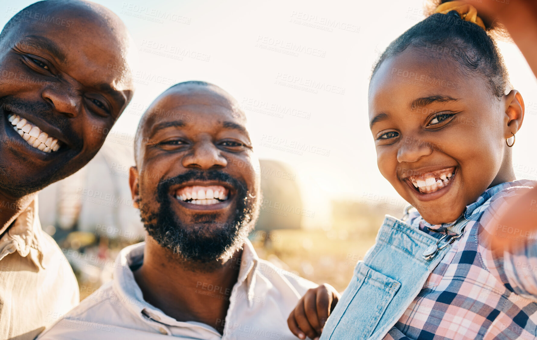 Buy stock photo Farm, selfie and portrait of gay parents with girl in countryside for holiday, adventure and vacation. Black family, sustainable farming and lgbtq fathers with kid for bonding, relax or fun in nature