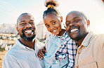 Farm, black family and portrait of fathers with girl in countryside for holiday, adventure and vacation. Travel, sustainable farming and lgbtq parents with child for bonding, relax and fun in nature
