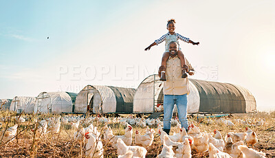 Buy stock photo Chicken, farming and family with fun outdoor for sustainability growth and agriculture. Dad, child and working together on farm field and countryside with support and care for animal livestock