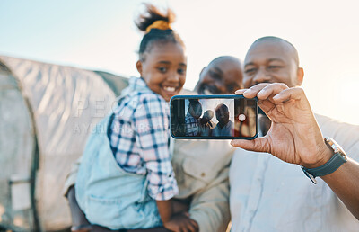 Buy stock photo Farm, selfie and gay parents with girl in countryside for holiday, adventure and vacation. Black family, farming and lgbtq fathers take picture with kid for memories, relax and bonding on screen