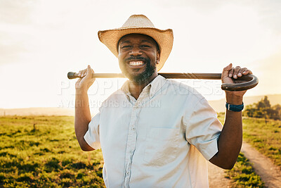 Buy stock photo Environment, smile and portrait of man on farm for sustainability, agriculture and nature ecology. Happy, peace and sunset with face of male farmer on countryside field for summer, health and calm