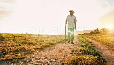 Buy stock photo Environment, nature and relax with man on farm for sustainability, agriculture and ecology. Happy, peace and sunset with farmer on countryside field for summer, health and calm with mockup space