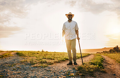 Buy stock photo Environment, nature and portrait of man on farm for sustainability, agriculture and ecology. Happy, peace and sunset with farmer on countryside field for summer, health and calm with mockup space