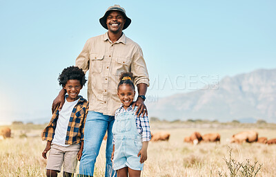 Buy stock photo Family, portrait and people with animals in nature on holiday, travel and adventure in safari. African man and kids outdoor on a field in countryside with a smile on farm trip in Africa with freedom