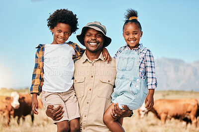 Buy stock photo Portrait, father and children on animal farm outdoor with cattle, sustainability and family. African man and kids on field for farmer adventure or holiday in countryside Africa for travel holiday