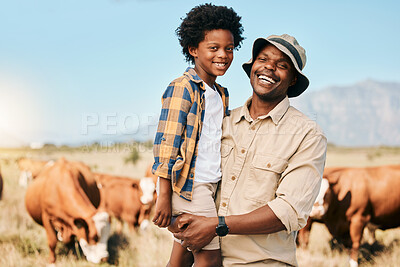 Buy stock photo Happy black man, portrait and child with animals on farm for agriculture, sustainability or live stock cattle. African male person, dad and boy kid smile for natural farming or produce in countryside