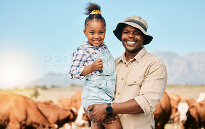 Buy stock photo Animals, father and daughter or family on farm outdoor for cattle, holiday and travel. Happy black man and child smile on a field for farmer adventure or trip in countryside with cows in Africa