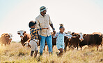 Family farm, father and children with animals outdoor for cattle, sustainability and travel. Black man and kids point and walking on a field for farmer adventure or holiday in countryside with cows